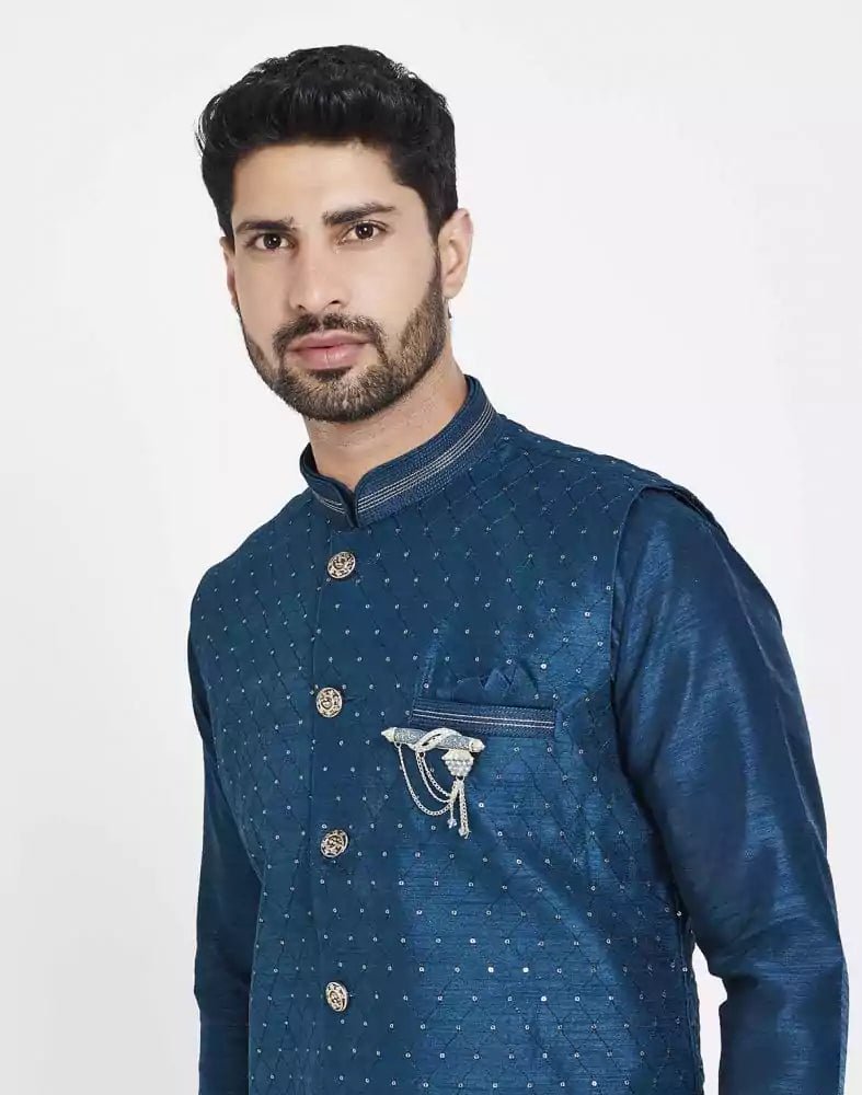 Image of Navy Blue Raw silk Sequence Work Kurta Set - South India Shopping Mall