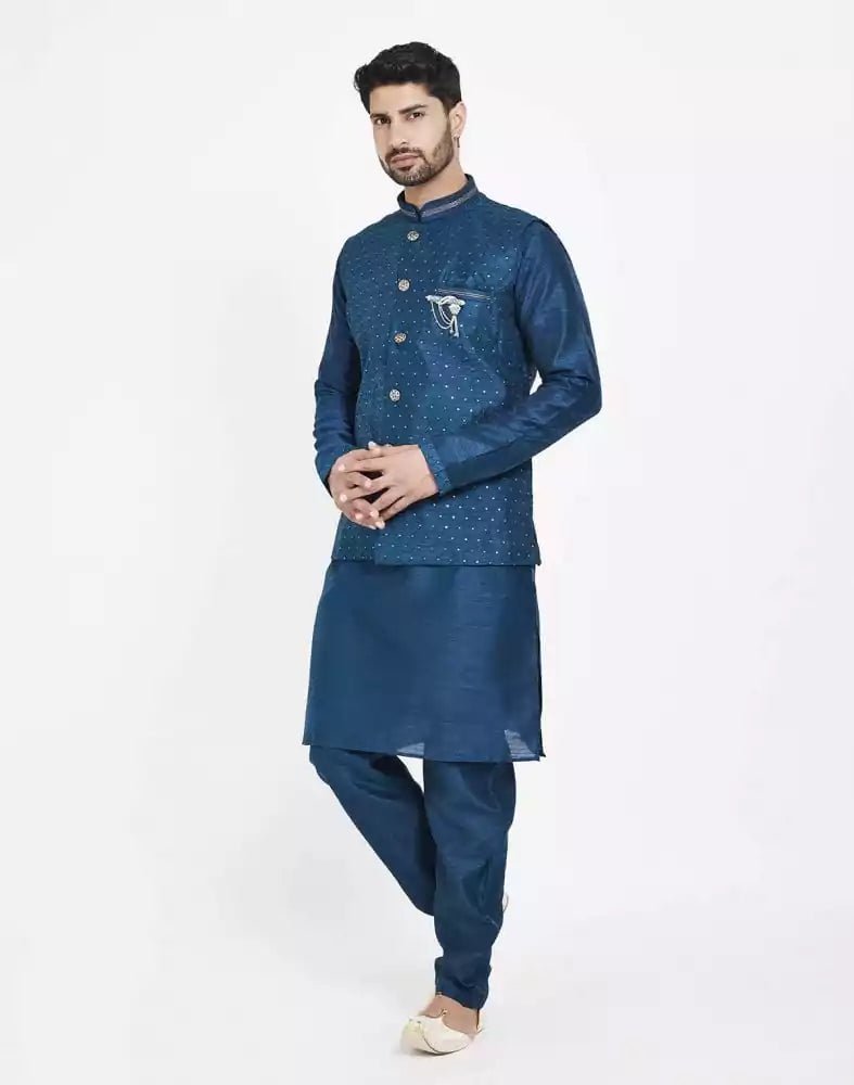 Image of Navy Blue Raw silk Sequence Work Kurta Set - South India Shopping Mall