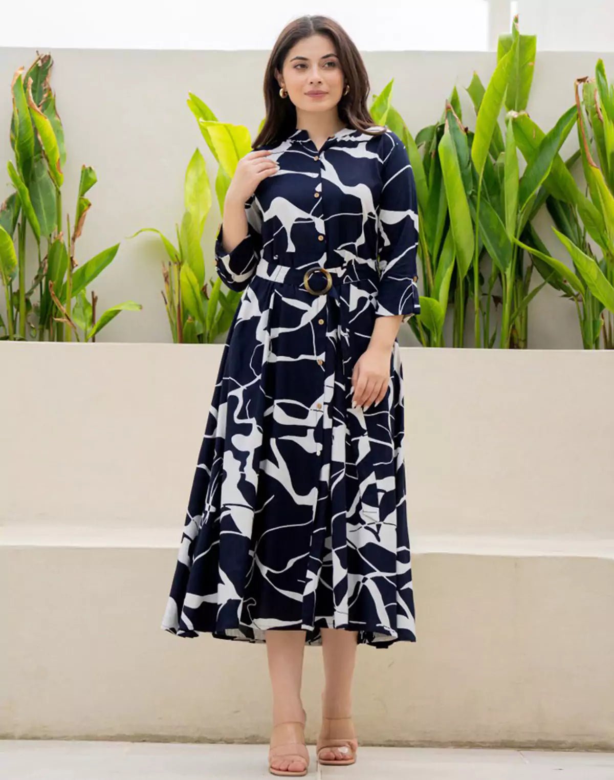 Image of Navy Blue Rayon Peonies Print Casual Wear Dress With Belt - South India Shopping Mall