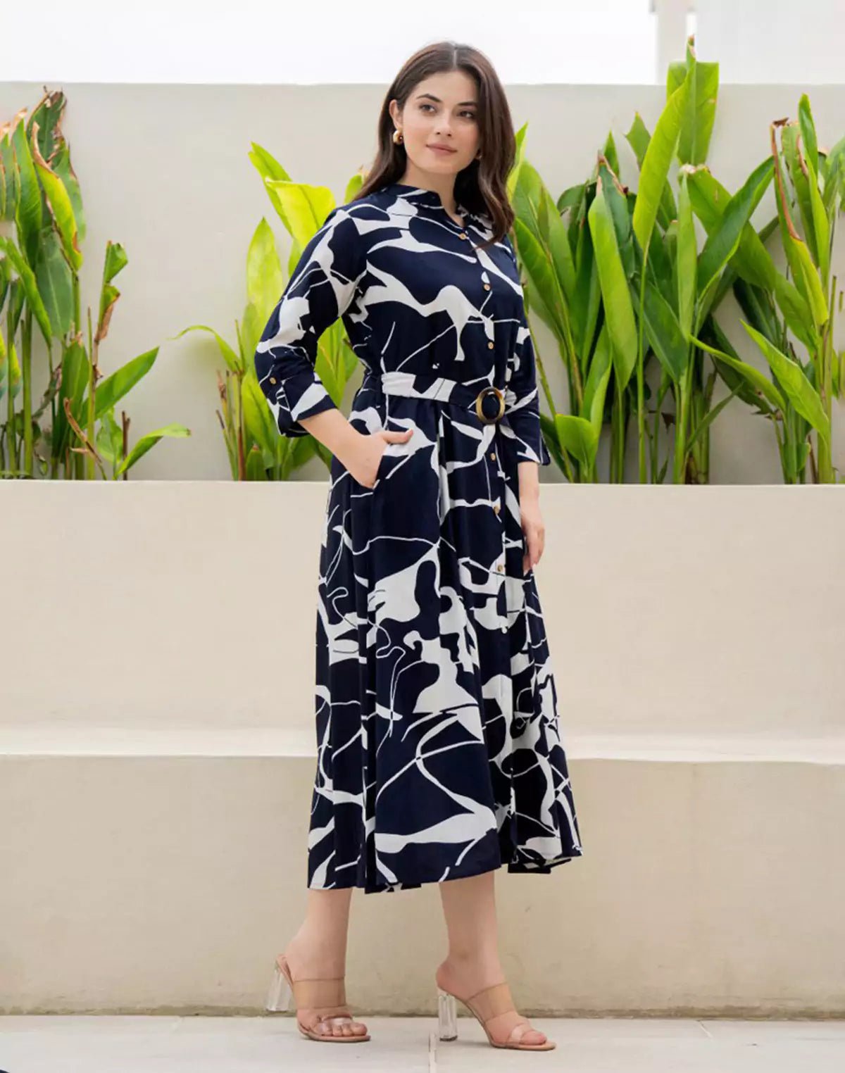 Navy Blue Rayon Peonies Print Casual Wear Dress With Belt - South India Shopping Mall