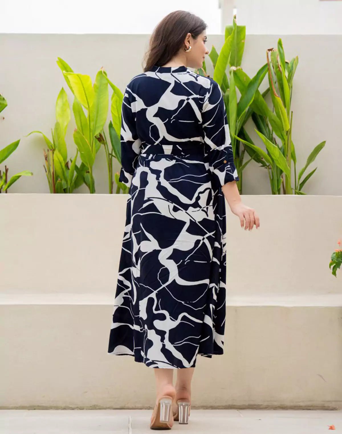Navy Blue Rayon Peonies Print Casual Wear Dress With Belt - South India Shopping Mall