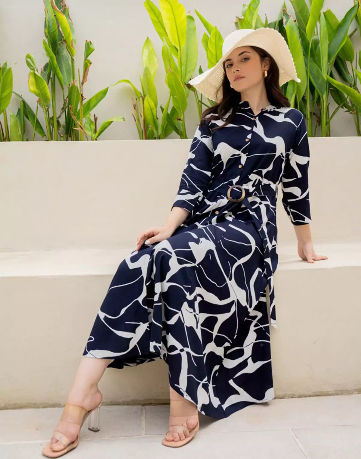 Navy Blue Rayon Peonies Print Casual Wear Dress With Belt - South India Shopping Mall