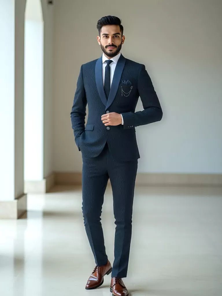 Image of Navy Blue Self Design Polynosic Thread work 5 Pc Suit - South India Shopping Mall