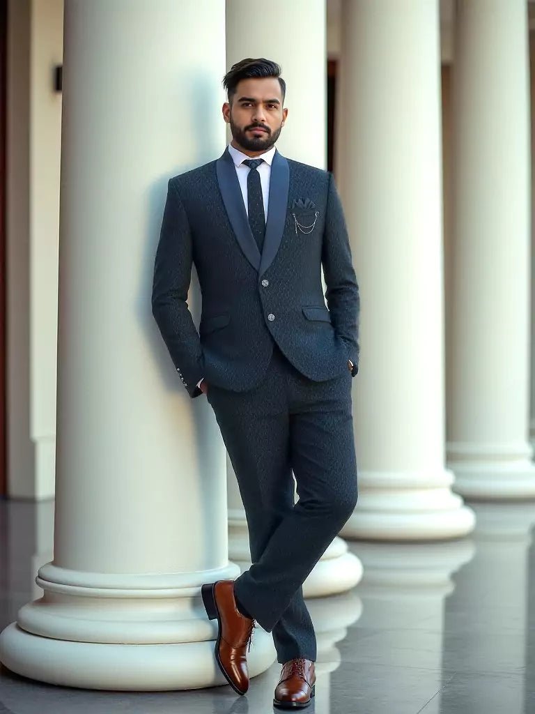 Image of Navy Blue Self Design Polynosic Thread work 5 Pc Suit - South India Shopping Mall