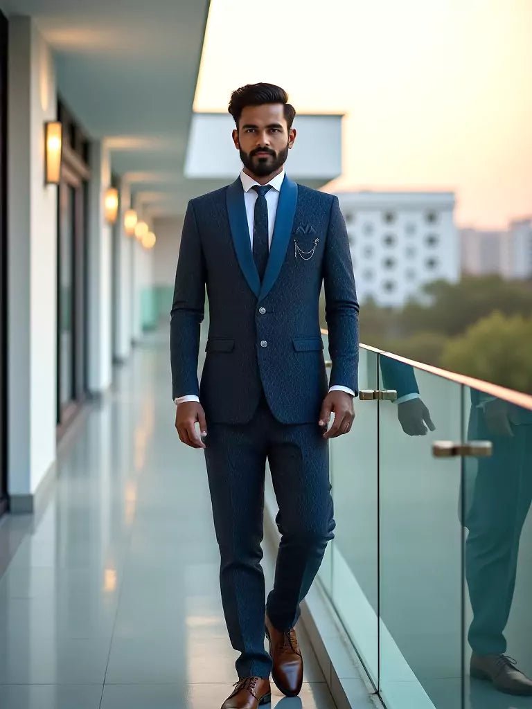 Image of Navy Blue Self Design Polynosic Thread work 5 Pc Suit - South India Shopping Mall