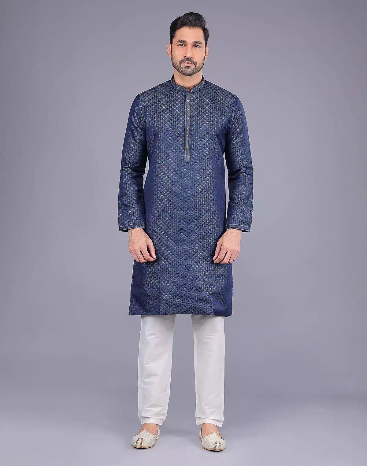 Image of Navy Blue Self Highlighted Thread work Soft Silk Kurta Set - South India Shopping Mall