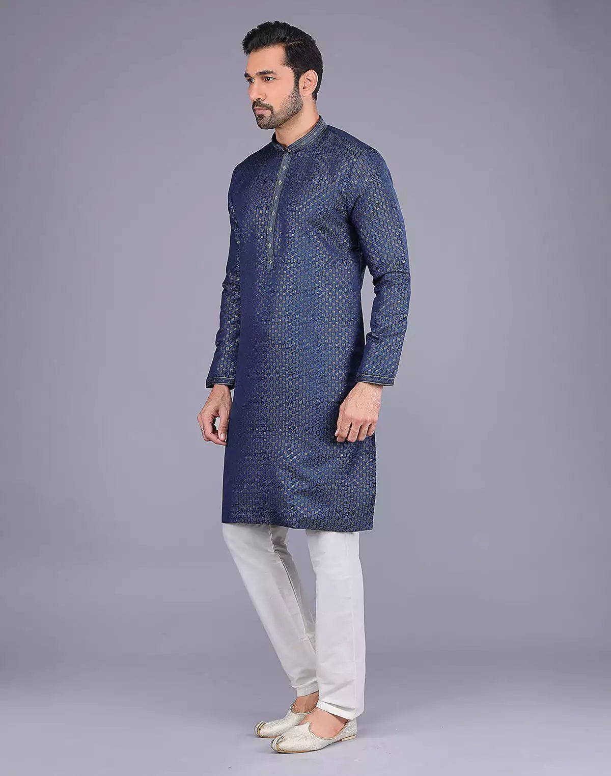Image of Navy Blue Self Highlighted Thread work Soft Silk Kurta Set - South India Shopping Mall