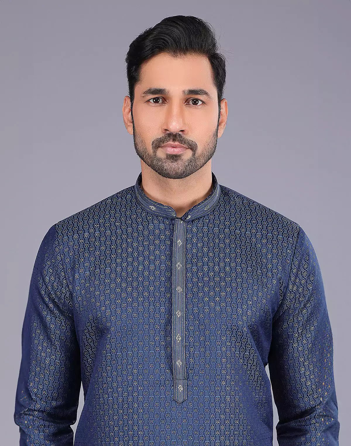 Image of Navy Blue Self Highlighted Thread work Soft Silk Kurta Set - South India Shopping Mall