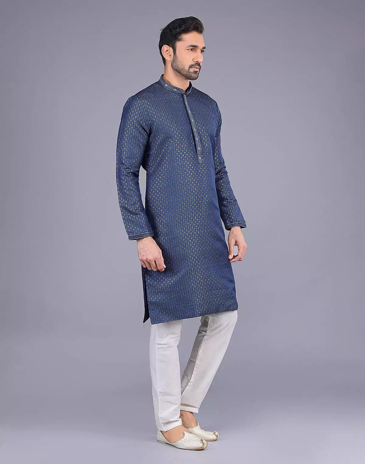 Image of Navy Blue Self Highlighted Thread work Soft Silk Kurta Set - South India Shopping Mall
