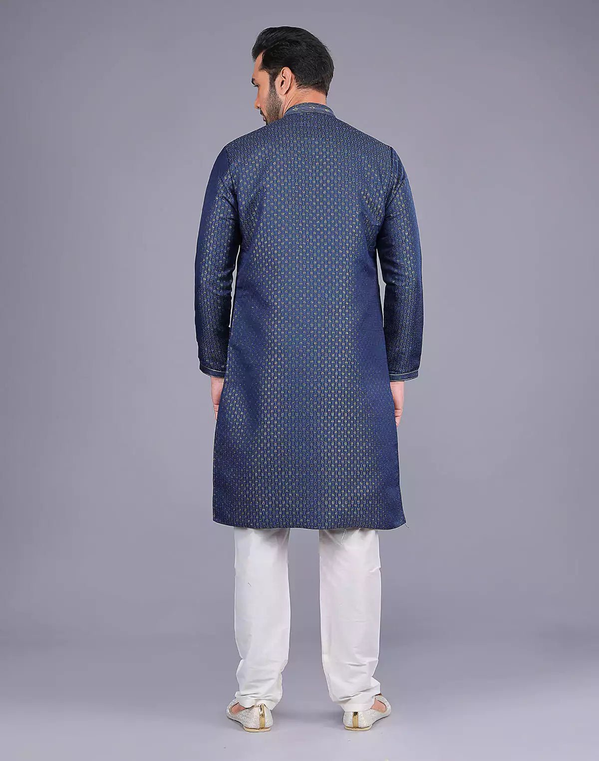 Image of Navy Blue Self Highlighted Thread work Soft Silk Kurta Set - South India Shopping Mall