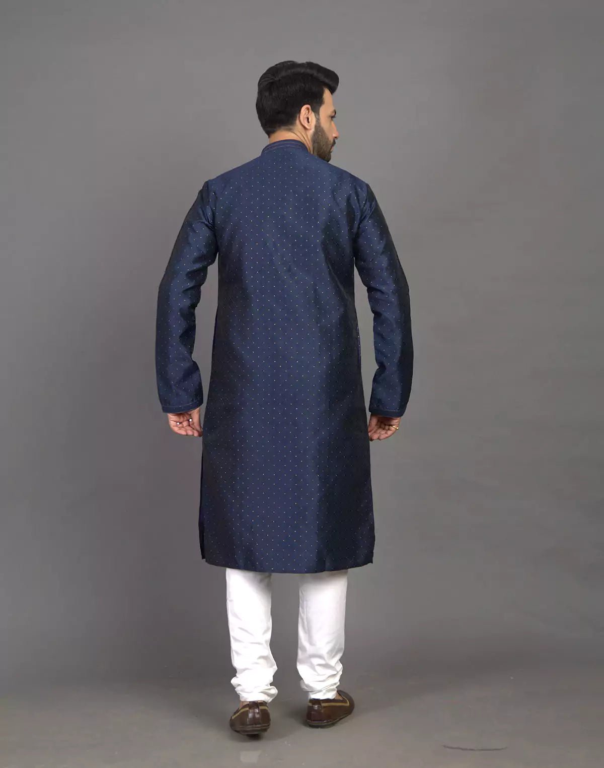 Image of Navy Blue Self Thread with Embellished Soft Silk Kurta Pyjama Set - South India Shopping Mall