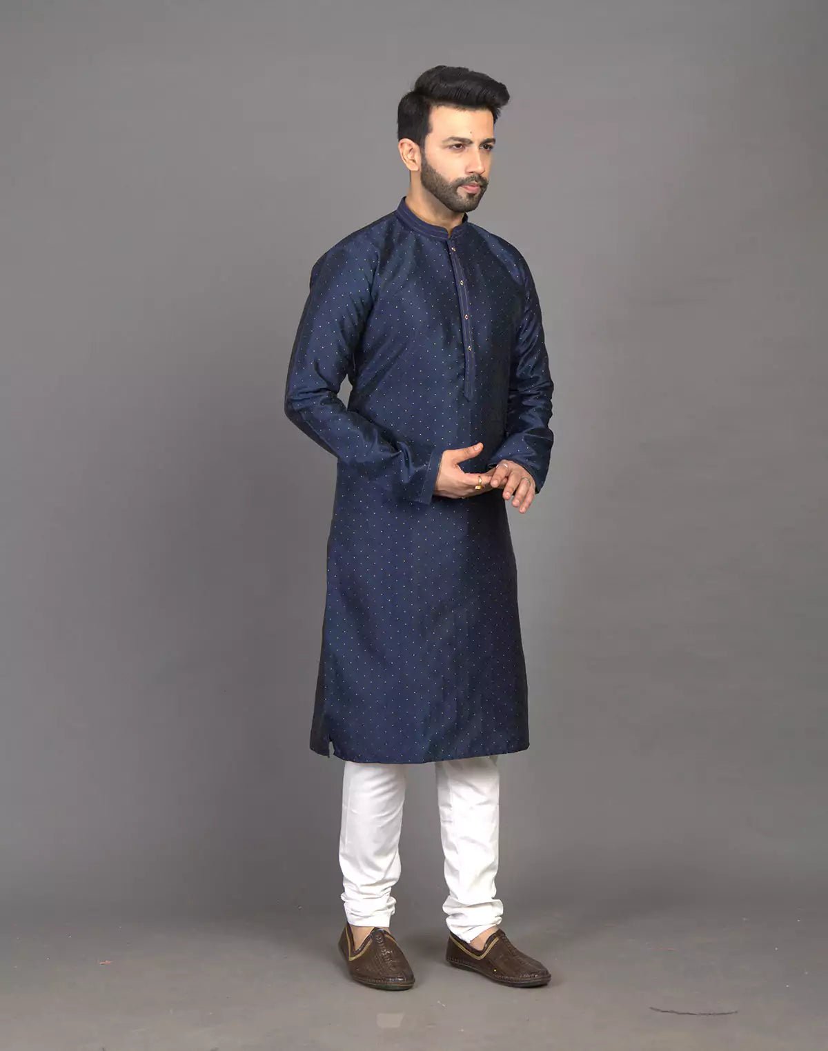 Image of Navy Blue Self Thread with Embellished Soft Silk Kurta Pyjama Set - South India Shopping Mall