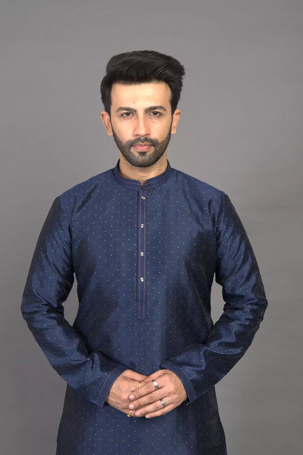 Image of Navy Blue Self Thread with Embellished Soft Silk Kurta Pyjama Set - South India Shopping Mall