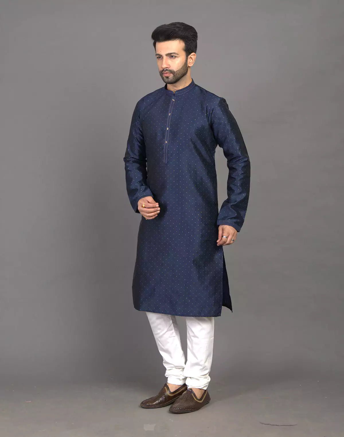 Image of Navy Blue Self Thread with Embellished Soft Silk Kurta Pyjama Set - South India Shopping Mall