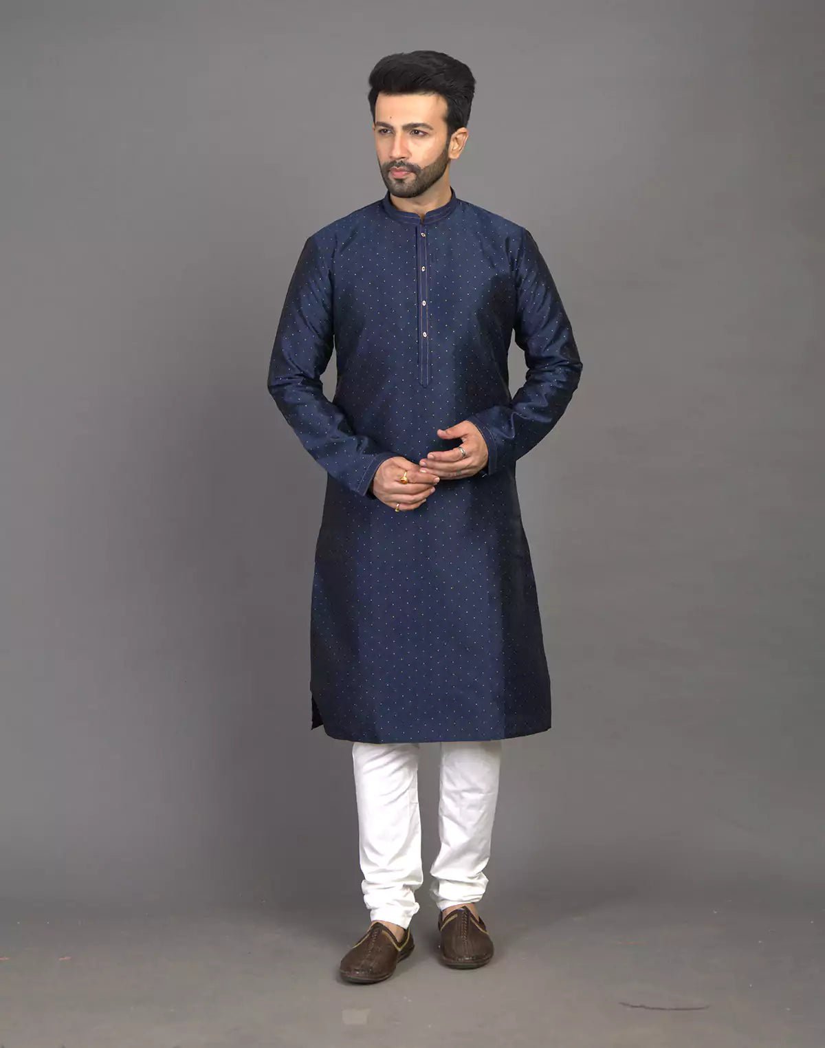 Image of Navy Blue Self Thread with Embellished Soft Silk Kurta Pyjama Set - South India Shopping Mall
