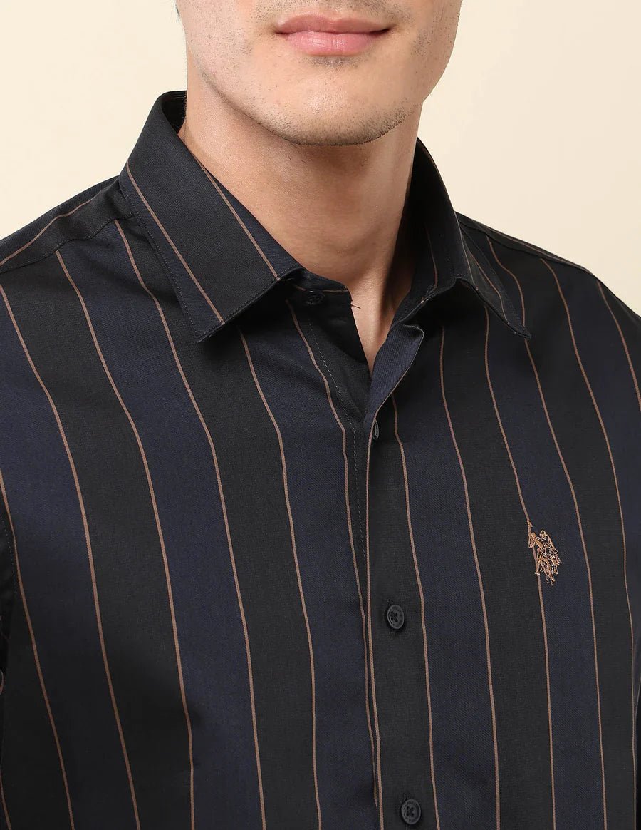 Image of Navy Blue Striped Cotton - Satin Trendy Shirt - South India Shopping Mall