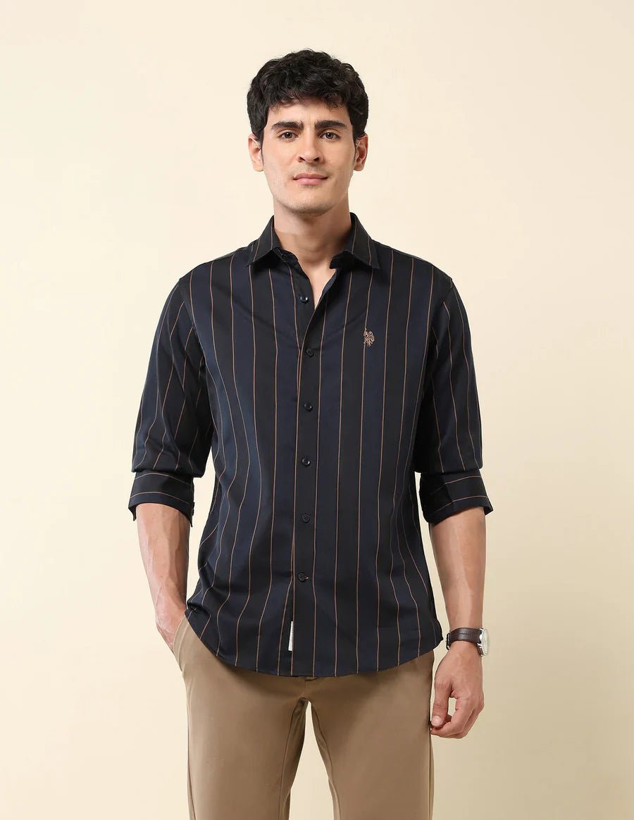 Image of Navy Blue Striped Cotton - Satin Trendy Shirt - South India Shopping Mall