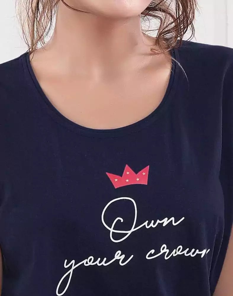 Image of Navy Blue Typography Cotton Printed Capri Set - South India Shopping Mall