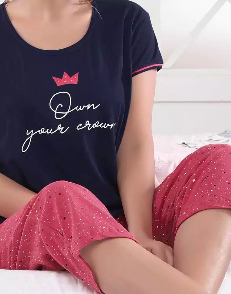 Image of Navy Blue Typography Cotton Printed Capri Set - South India Shopping Mall
