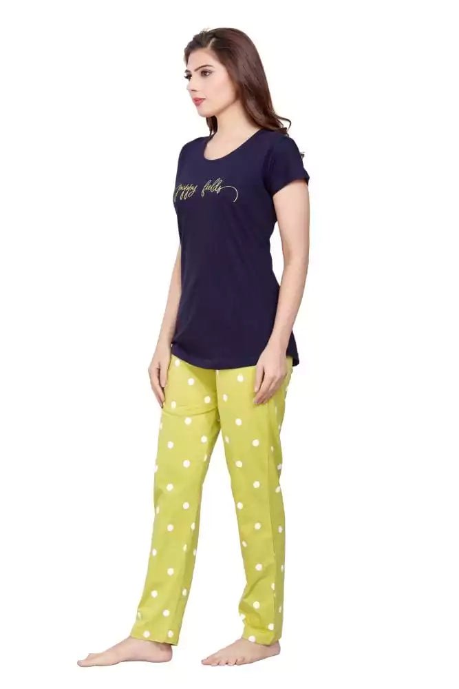 Image of Navy Blue Typography Cotton Printed Night Wear - South India Shopping Mall