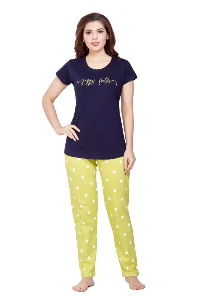 Image of Navy Blue Typography Cotton Printed Night Wear - South India Shopping Mall