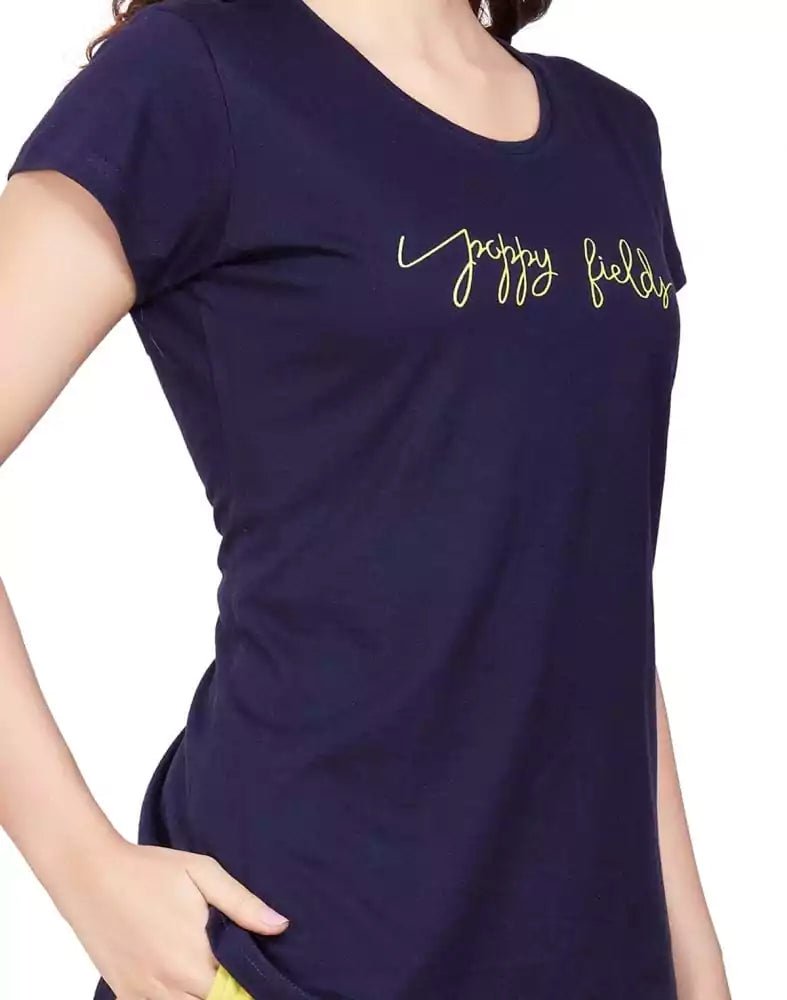 Image of Navy Blue Typography Cotton Printed Night Wear - South India Shopping Mall