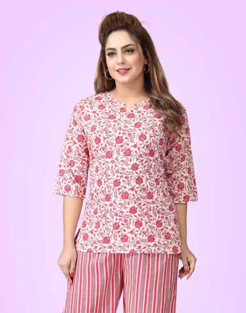 Image of Off White Botanical Printed Night Suit - South India Shopping Mall