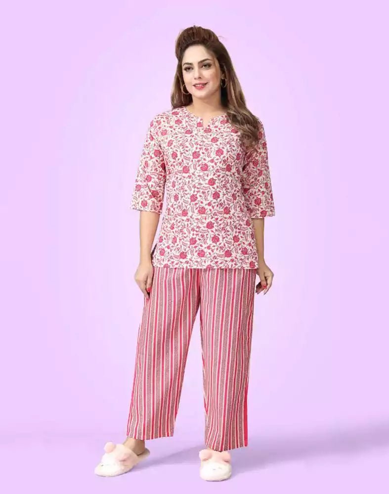 Image of Off White Botanical Printed Night Suit - South India Shopping Mall