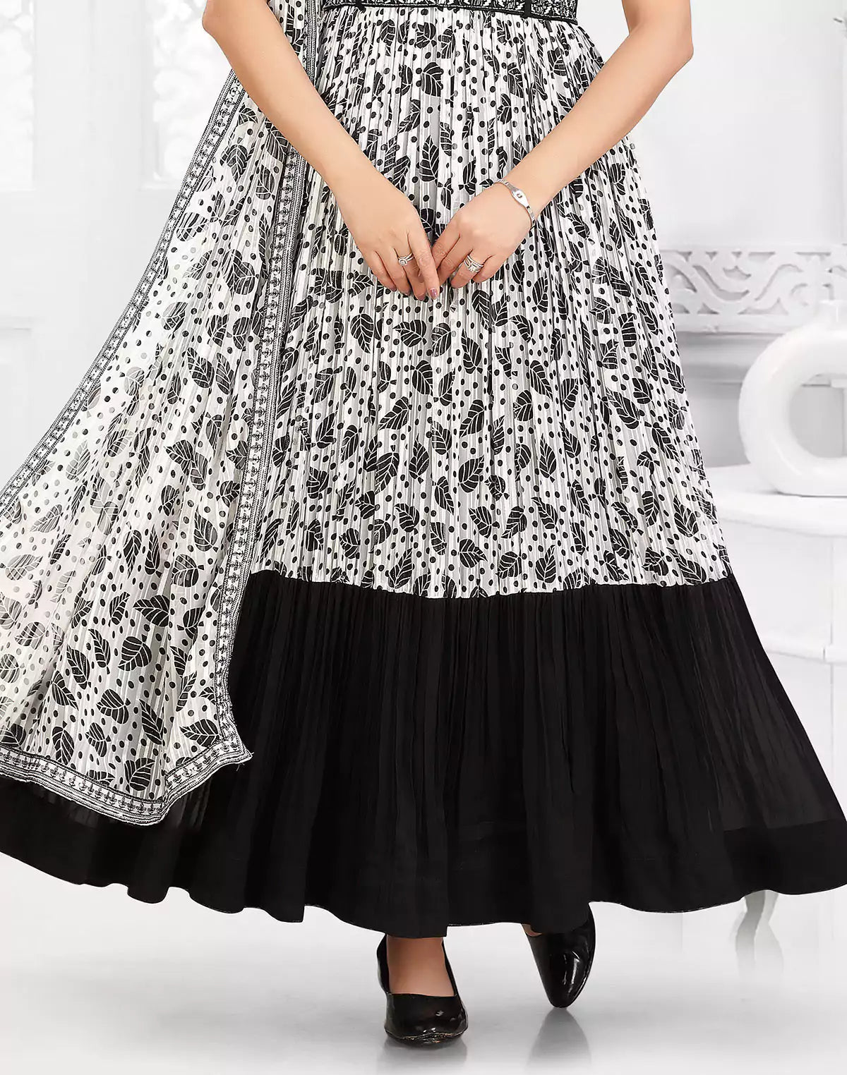 Image of Off White Floral Bunches Georgette Flared Kurti with Dupatta - South India Shopping Mall