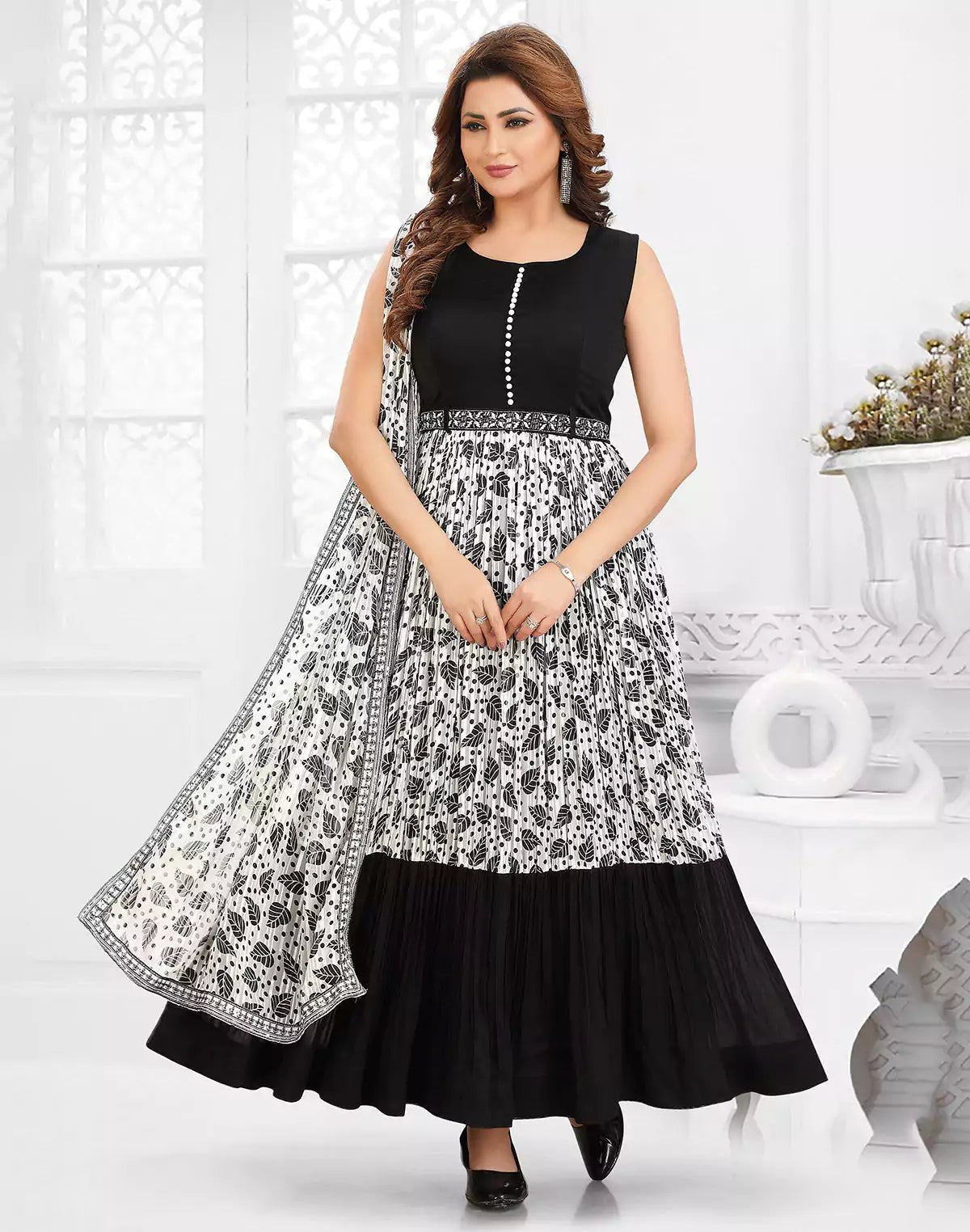 Image of Off White Floral Bunches Georgette Flared Kurti with Dupatta - South India Shopping Mall