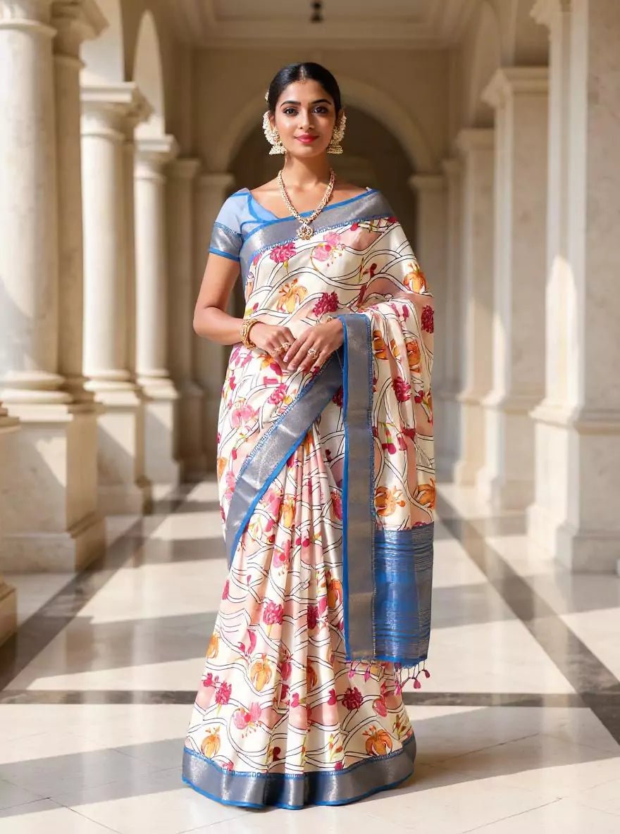 Image of Off White Floral Bunches Mangalagiri Dola Silk Saree - South India Shopping Mall