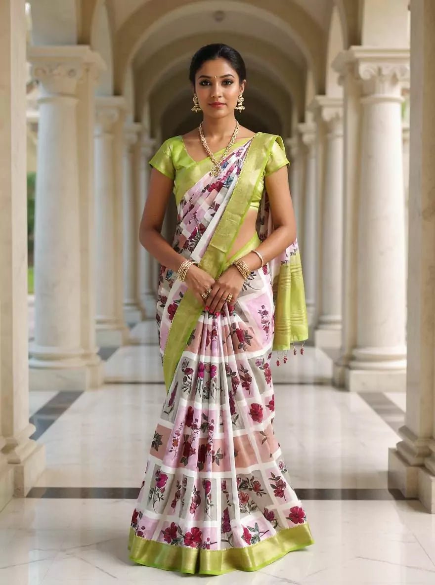 Image of Off White Floral Dola Silk Saree with Kalamkari Border - South India Shopping Mall
