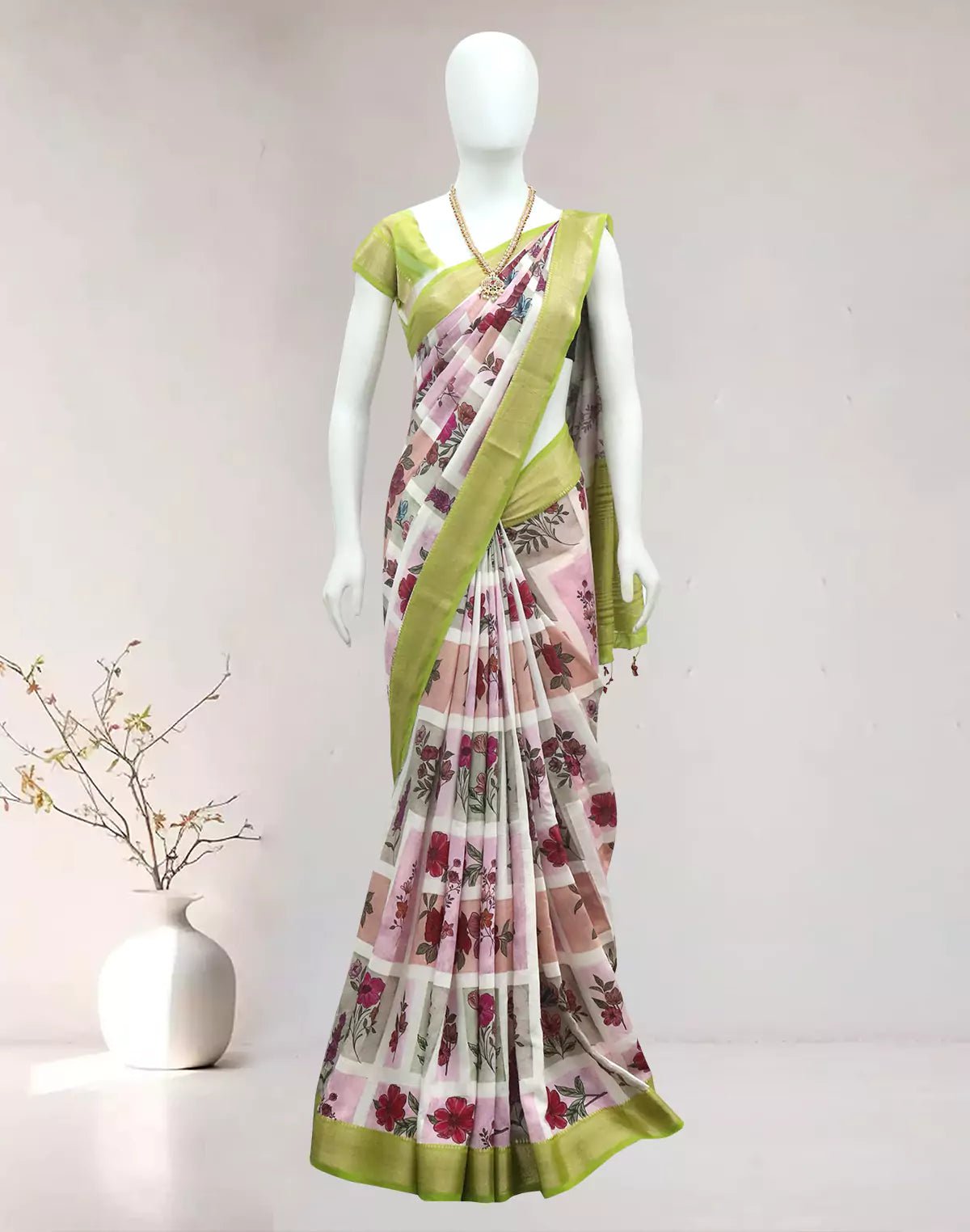 Image of Off White Floral Dola Silk Saree with Kalamkari Border - South India Shopping Mall
