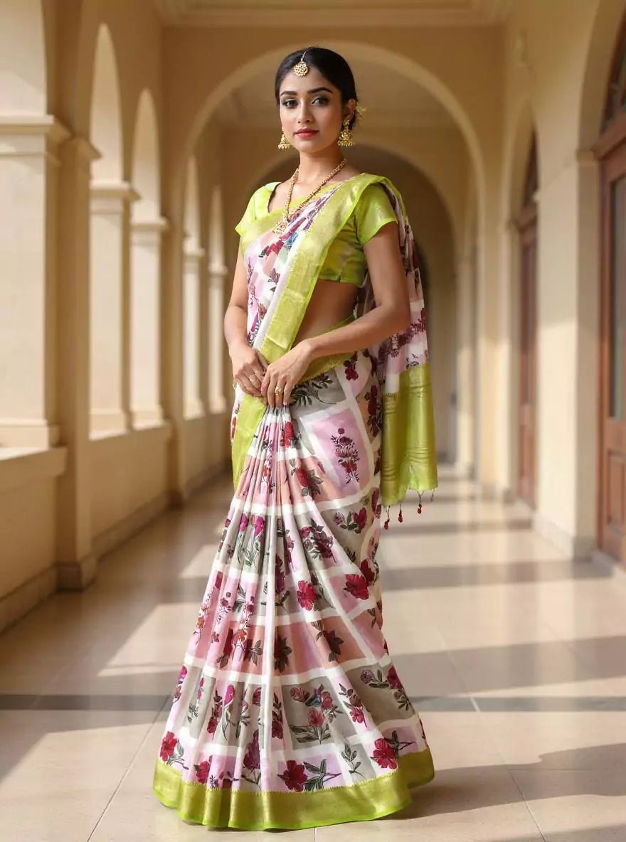 Image of Off White Floral Dola Silk Saree with Kalamkari Border - South India Shopping Mall