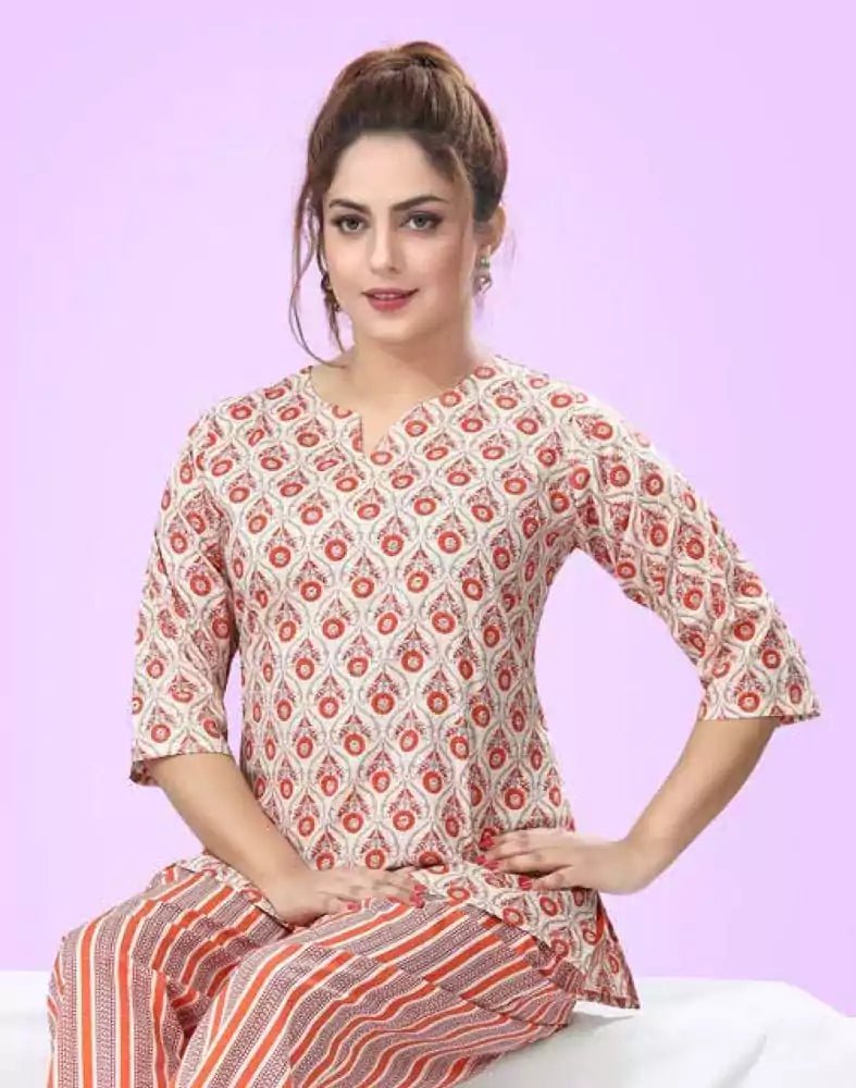 Image of Off White Floral Printed Night Suit - South India Shopping Mall