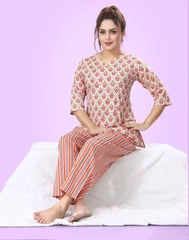 Image of Off White Floral Printed Night Suit - South India Shopping Mall