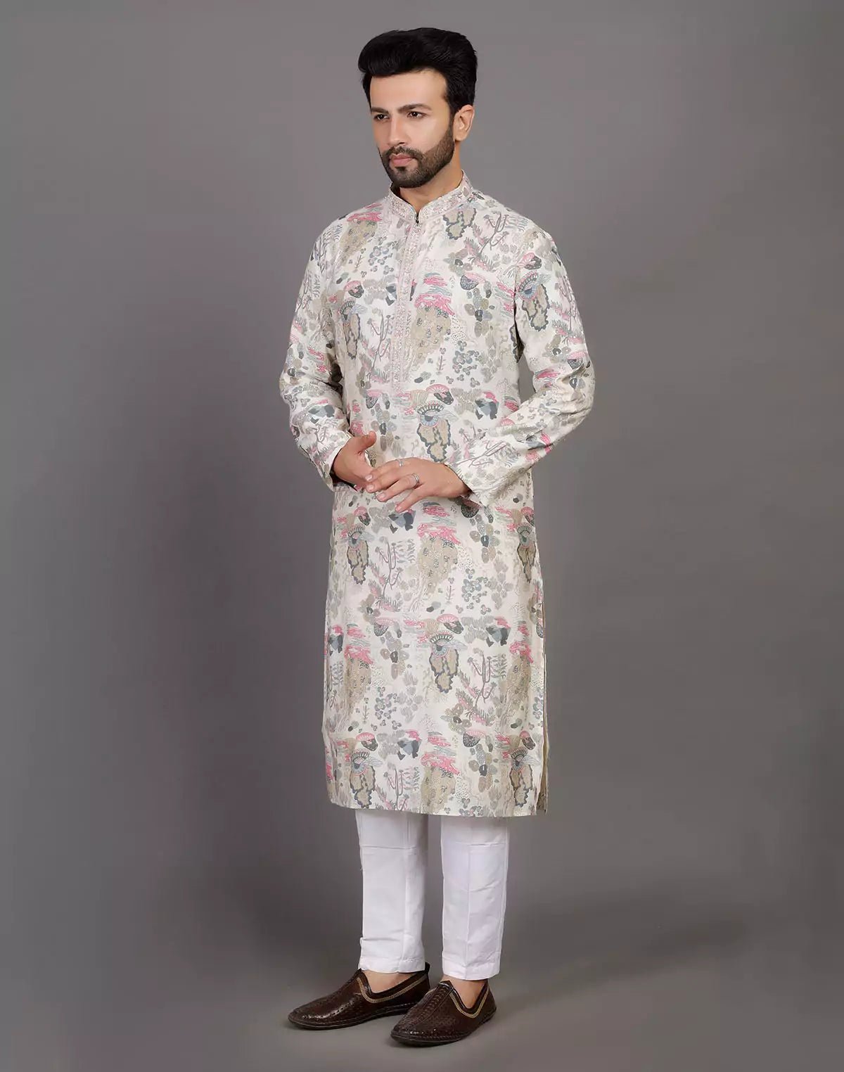 Image of Off White Graphic Print Party Wear Kurta Pyjama Set - South India Shopping Mall