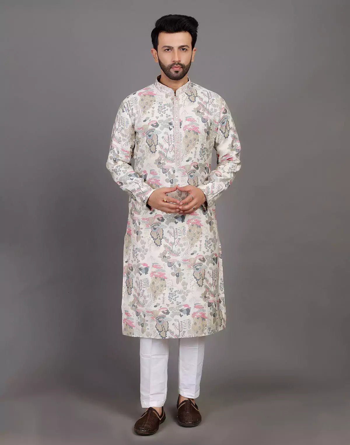 Image of Off White Graphic Print Party Wear Kurta Pyjama Set - South India Shopping Mall
