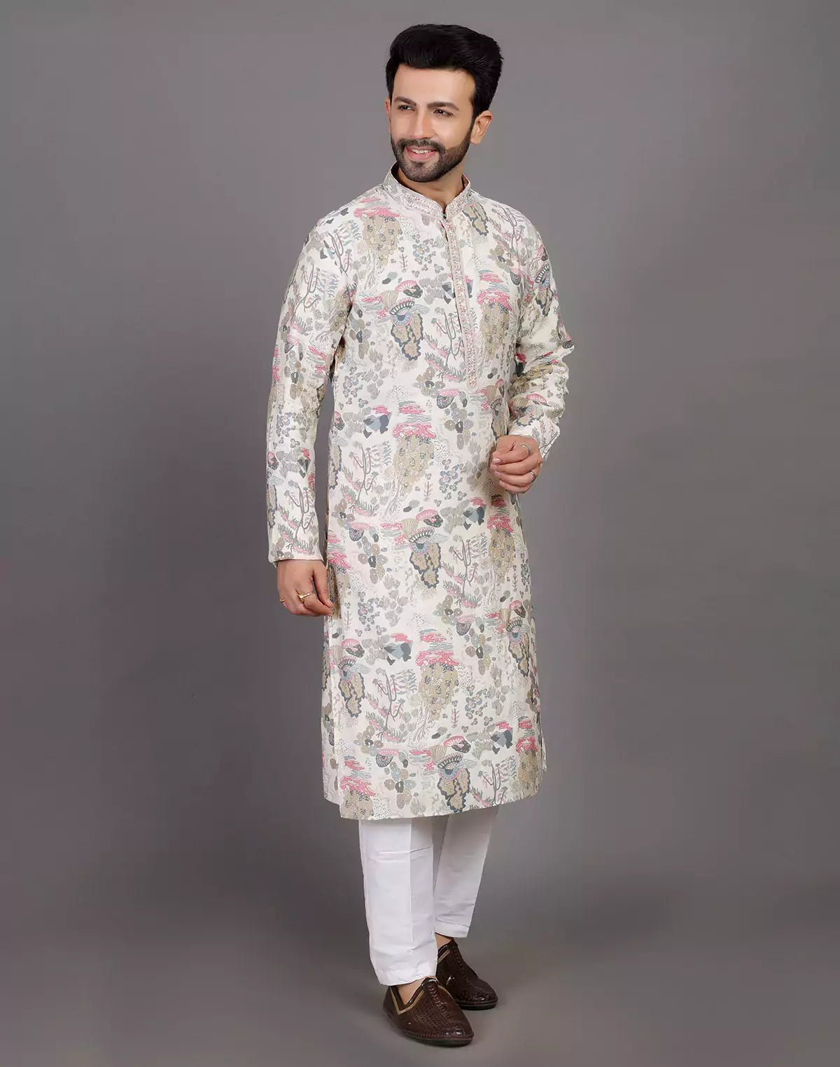 Image of Off White Graphic Print Party Wear Kurta Pyjama Set - South India Shopping Mall