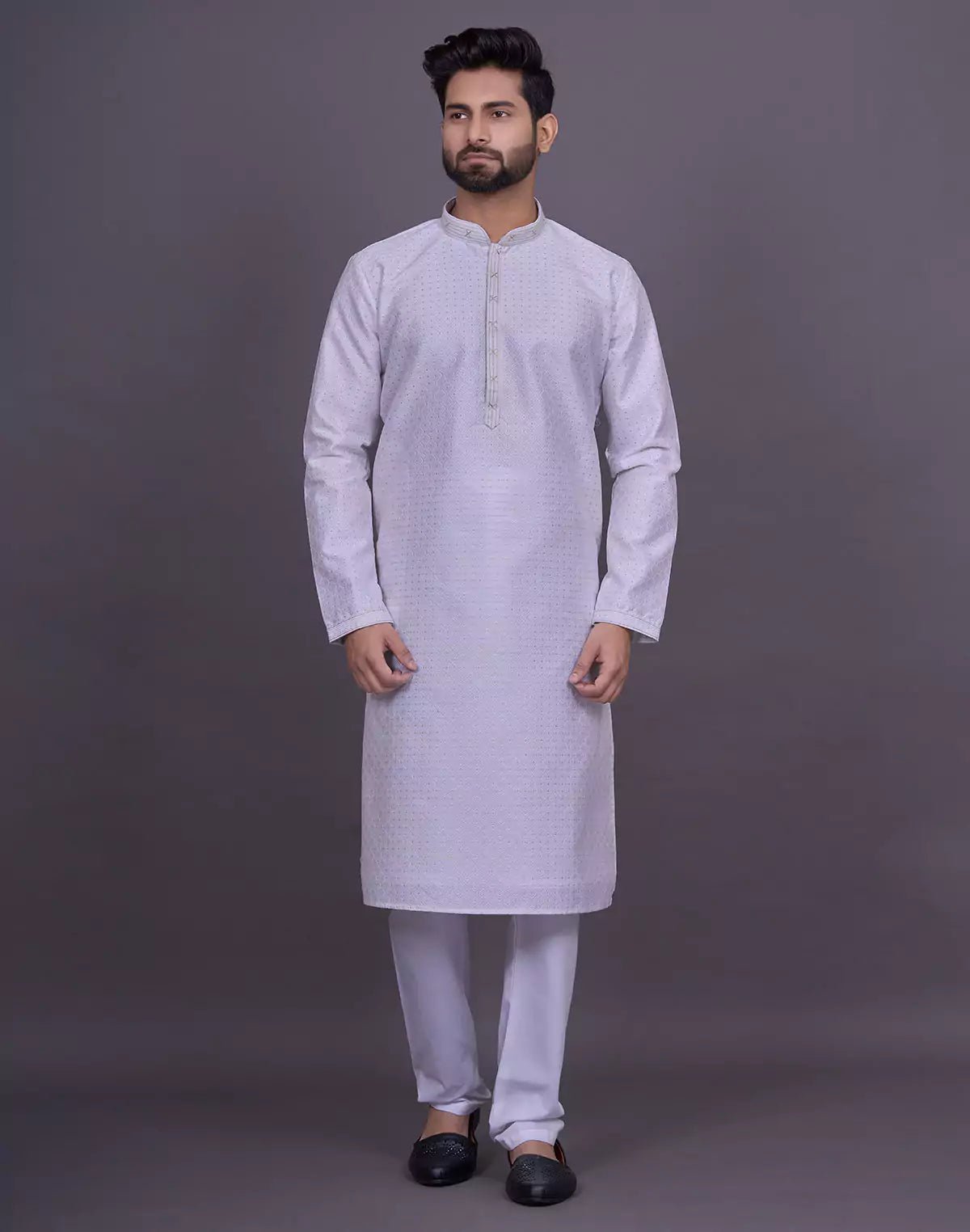 Image of Off White Self Brocade Jacquard Kurta Pyjama - South India Shopping Mall