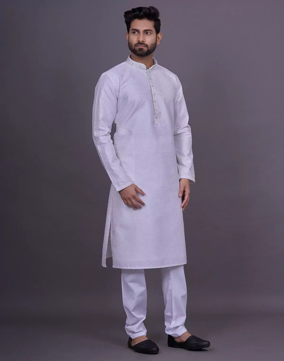 Image of Off White Self Brocade Jacquard Kurta Pyjama - South India Shopping Mall