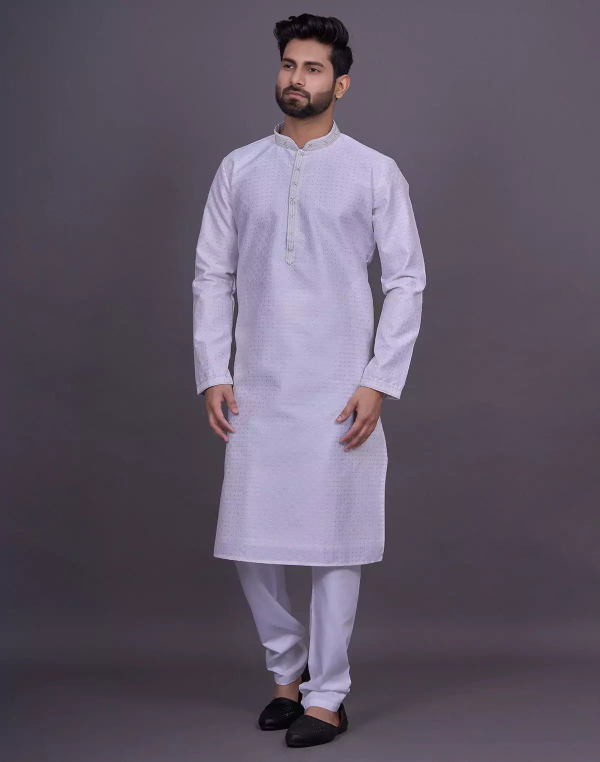 Image of Off White Self Brocade Jacquard Kurta Pyjama - South India Shopping Mall