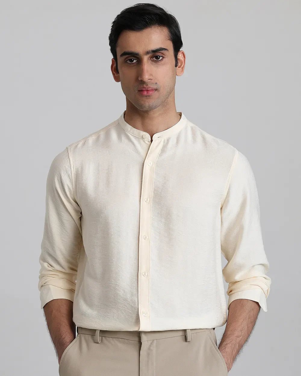 Image of Off White Solid Imported Viscose Full Sleeve Shirt - South India Shopping Mall