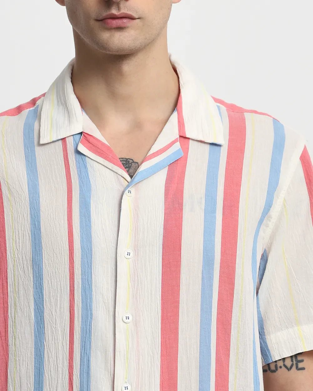 Image of Off White Stripes Cotton Half Sleeve Casual Shirt - South India Shopping Mall