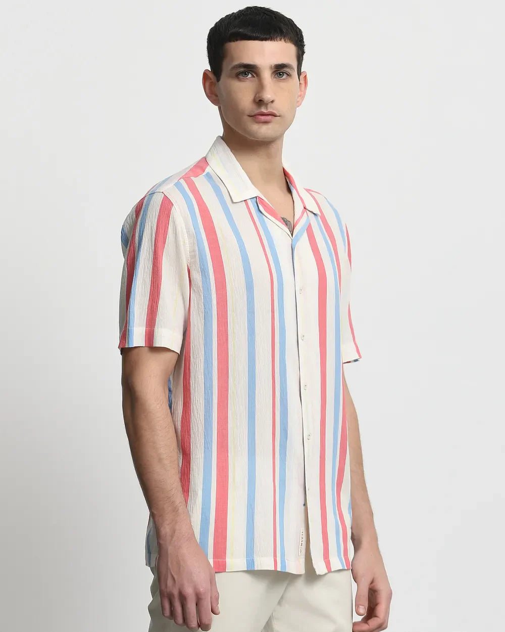 Image of Off White Stripes Cotton Half Sleeve Casual Shirt - South India Shopping Mall