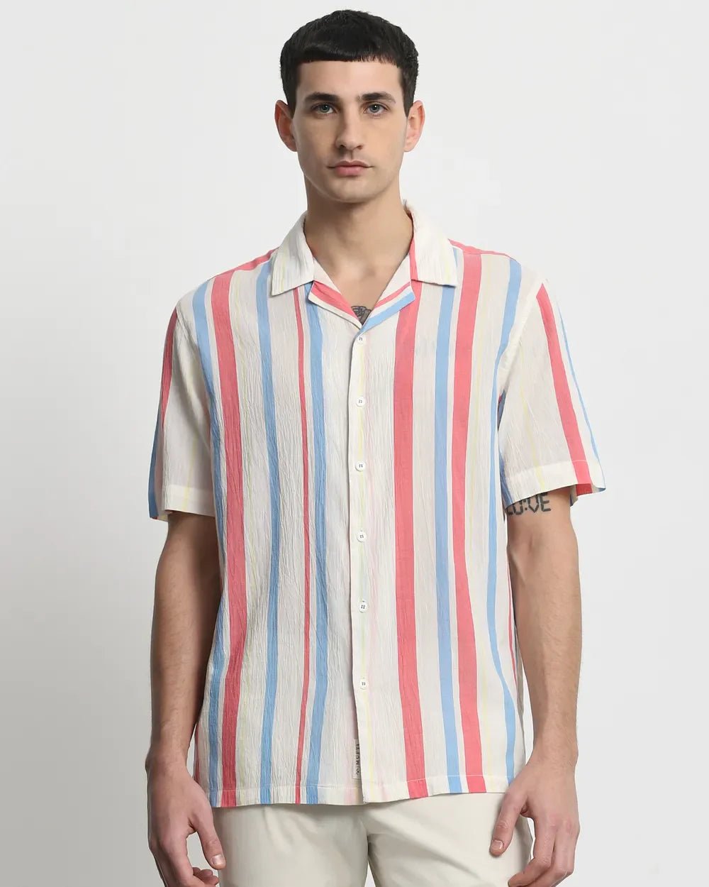 Image of Off White Stripes Cotton Half Sleeve Casual Shirt - South India Shopping Mall
