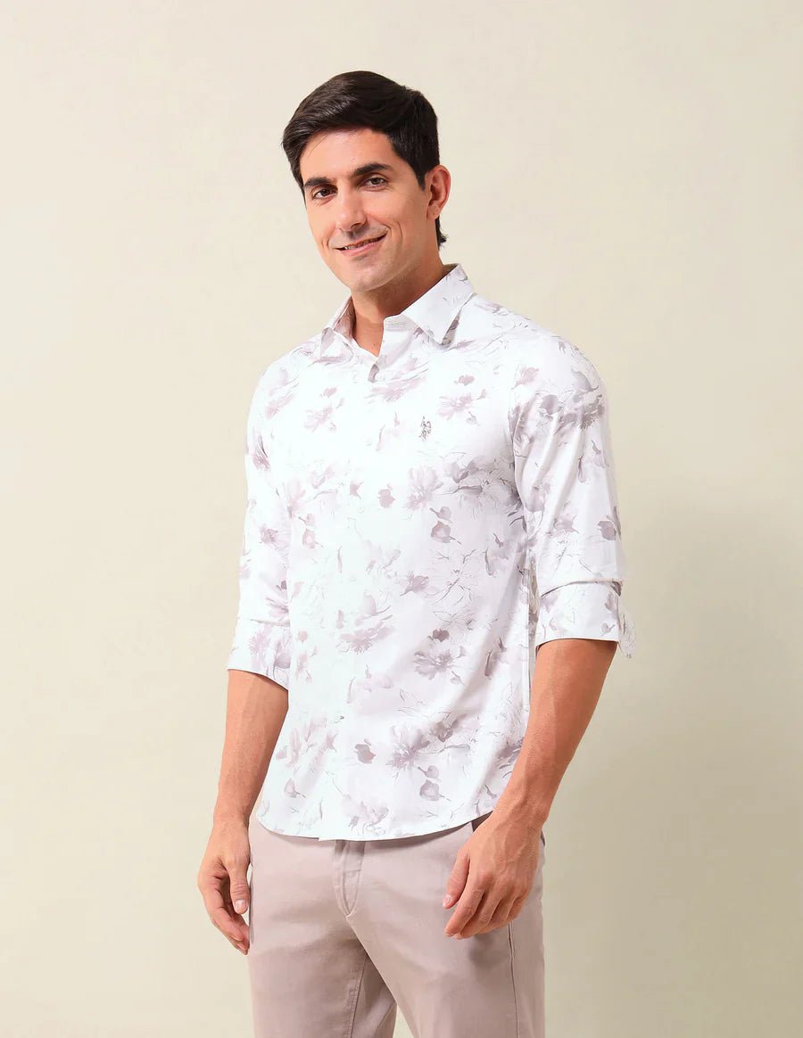 Image of Off White Tailored Fit Floral Print Mercerized Cotton Shirt - South India Shopping Mall