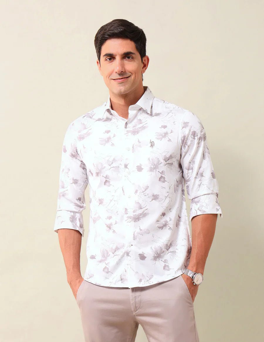 Image of Off White Tailored Fit Floral Print Mercerized Cotton Shirt - South India Shopping Mall