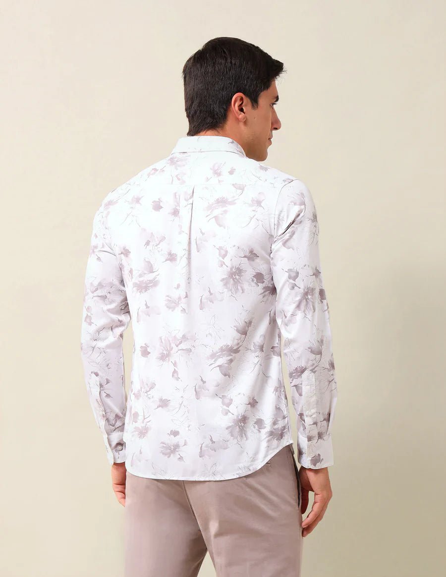 Image of Off White Tailored Fit Floral Print Mercerized Cotton Shirt - South India Shopping Mall