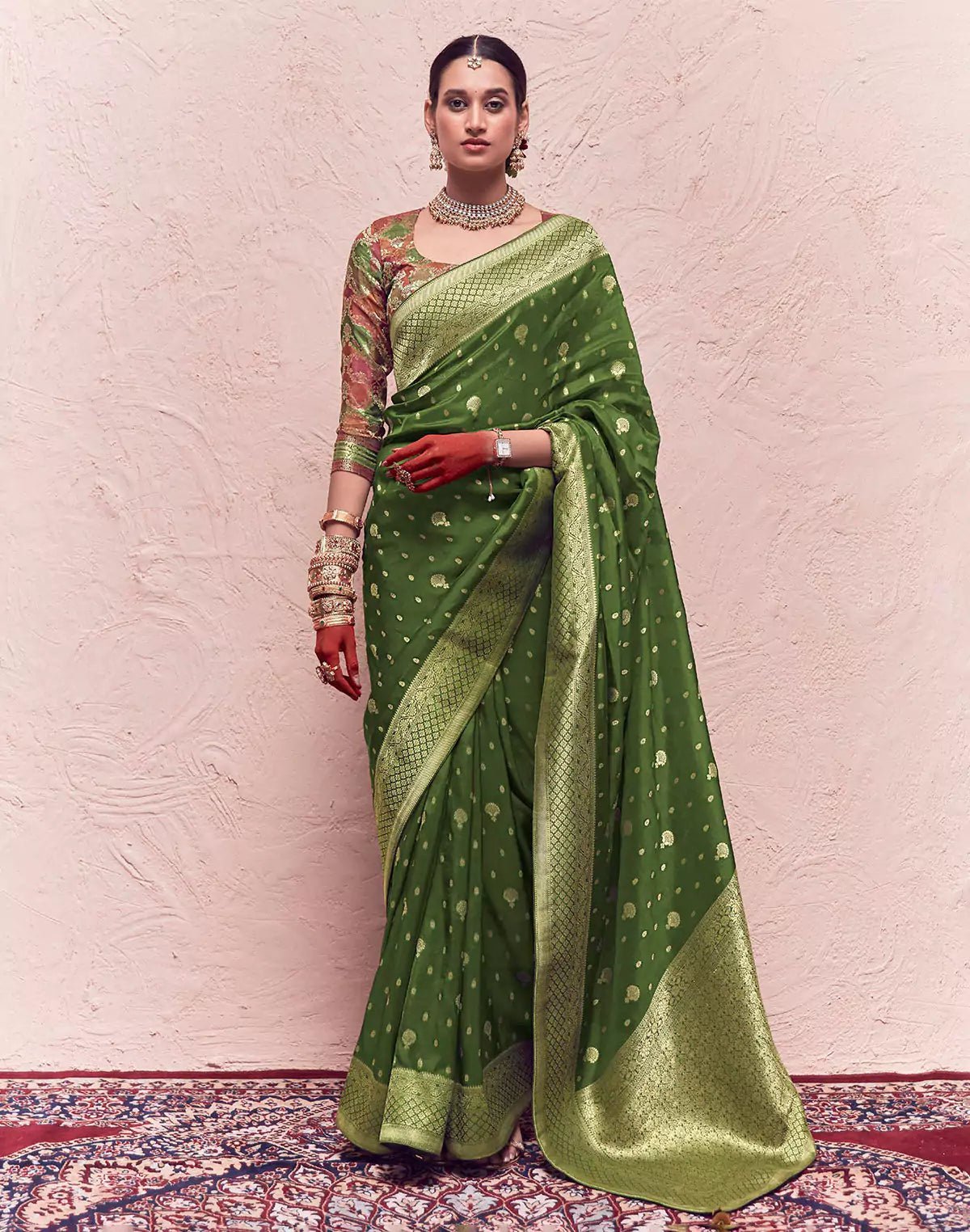 Image of Olive Green Banarasi Crepe Dola Silk Saree - South India Shopping Mall